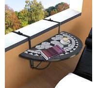 Runheo Tavolo sospeso da balcone con mosaico nero e bianco, semicircolare, in ferro e ceramica, con piano pieghevole, 76 x 38 cm, per ringhiere fino a 18 cm, ideale come tavolo da giardino, terrazza