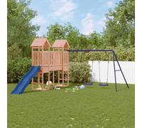 Runheo Torre da gioco in legno massiccio Douglas con ponte, doppia altalena, scivolo ondulato e sabbiera per giardino, piedistallo da 90 cm, casa e terrazza, esterno, per bambini dai 3 agli 8 anni