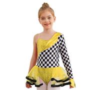 Runhomal Abiti Di Halloween Ragazza Vestito Danza Con Paillettes Una Spalla Manica Stampa A Scacchi Tutu Abito Ballo Trucco Carnevale 6-16 Anni Oro 5-6 anni