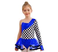 Runhomal Abiti Di Halloween Ragazza Vestito Danza Con Paillettes Una Spalla Manica Stampa A Scacchi Tutu Abito Prom Trucco Carnevale 6-16 Anni Blu reale 7-8 anni