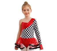 Runhomal Abiti Di Halloween Ragazza Vestito Danza Con Paillettes Una Spalla Manica Stampa A Scacchi Tutu Abito Ballo Trucco Carnevale 6-16 Anni Rosso 13-14 anni