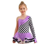 Runhomal Abiti Di Halloween Ragazza Vestito Danza Con Paillettes Una Spalla Manica Stampa A Scacchi Tutu Abito Ballo Trucco Carnevale 6-16 Anni Viola 11-12 anni