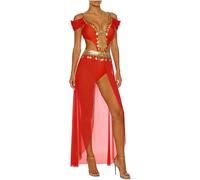 Runhomal Abito Uniforme Toge Greco Rave Outfits Costume Principessa Araba Donna Spettacolo Festival Musicale Danza Concorso Belly Dance Rosso XXL