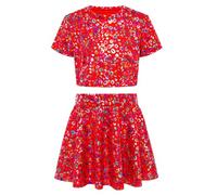Runhomal Bambina a maniche corte per bambini con stampa abbronzatura leopardata colorata T - Camicia con coulisse ombelicale + gonna corta danza jazz latino cheerleading squadra rossa 2-3 anni