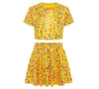Runhomal Bambina a maniche corte per bambini con stampa abbronzatura leopardata colorata T - Camicia con coulisse ombelicale + gonna corta danza jazz latino cheerleading squadra giallo 2-3 anni