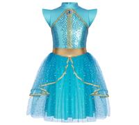 Runhomal Bambino Ragazza Abito Principessa Arabo Abito Pompon In Pizzo Bordo Oro Con Diamanti Paillettes Brillanti Cerniera Invisibile Azzurro cielo 7-8 anni