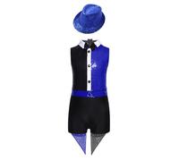 Runhomal Cirque Magicien Styling Suit Bambina Set 2 Pezzi Paillettes Brillanti Justaucrops Tuta Bowknot + Cappello Halloween 6-16 anni Blu reale 15-16 anni