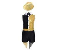 Runhomal Cirque Magicien Styling Suit Bambina Set 2 Pezzi Paillettes Brillanti Justaucrops Tuta Bowknot + Cappello Halloween 6-16 anni Oro 5-6 anni