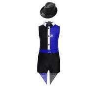 Runhomal Cirque Magicien Styling Suit Bambino Ragazza Set 2 Pezzi Paillettes Brillanti Justaucrops Tuta Bowknot + Cappello Halloween 6-16 anni Blu reale nero 7-8 anni
