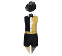 Runhomal Cirque Magicien Styling Suit Bambino Ragazza Set 2 Pezzi Paillettes Brillanti Justaucrops Tuta Bowknot + Cappello Halloween 6-16 Anni Oro Nero 9-10 anni