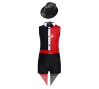 Runhomal Cirque Magicien Styling Suit Bambino Ragazza Set 2 Pezzi Paillettes Brillanti Justaucrops Tuta Bowknot + Cappello Halloween 6-16 Anni Rosso Nero 11-12 anni