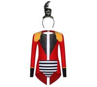 Runhomal Cirque Magicien Styling Suit Ragazza Set 4 Pezzi Brillanti Franges Justaucrops Tuta + Serra Testa in Piume Magico Halloween 6-16 Anni Rosso Nero A 13-14 anni