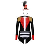 Runhomal Cirque Magicien Styling Suit Ragazza Set 4 Pezzi Brillanti Franges Justaucrops Tuta + Serra Testa in Piume Magico Halloween 6-16 Anni Nero Rosso B 9-10 anni