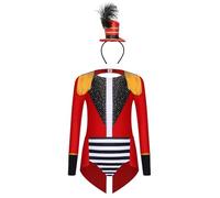 Runhomal Cirque Magicien Styling Suit Ragazza Set 4 Pezzi Brillanti Franges Justaucrops Tuta + Serra testa in piume magica Halloween 6-16 anni Rosso 5-6 anni