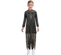 Runhomal Costume Halloween Bambino Ragazzo Ragazza Vestito Indiano Top Kurta In Raso Stampato Con Pantaloni Festa A Tema Carnevale 5-16 Anni Nero 11-12 anni