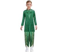 Runhomal Costume Halloween Bambino Ragazzo Ragazza Vestito Indiano Top Kurta In Raso Stampato Con Pantaloni Festa A Tema Carnevale 5-16 Anni Verde Scuro 13-14 anni