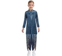 Runhomal Costume Halloween Bambino Ragazzo Ragazza Vestito Indiano Top Kurta In Raso Stampato Con Pantaloni Festa A Tema Carnevale 5-16 Anni Blu navy 13-14 anni