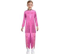 Runhomal Costume Halloween Bambino Ragazzo Ragazza Vestito Indiano Top Kurta In Raso Stampato Con Pantaloni Festa A Tema Carnevale 5-16 Anni Rosa brillante 9-10 anni