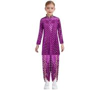 Runhomal Costume Halloween Bambino Ragazzo Ragazza Vestito Indiano Top Kurta In Raso Stampato Con Pantaloni Festa A Tema Carnevale 5-16 Anni Viola 11-12 anni