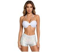 Runhomal Donna Metallico Lucido Top Corto E Pantaloncini Set Pezzi Bikini Intero Bikini Intero Brasiliana Microkini Hot Abbigliamento Letto Argento S