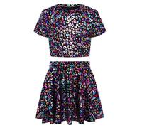 Runhomal Ragazza a maniche corte per bambini con stampa abbronzatura leopardata colorata a T - Camicia con coulisse ombelicale + gonna corta danza jazz latino cheerleading squadra nera 3-4 anni