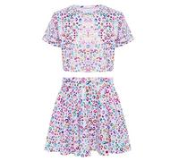 Runhomal Ragazza a maniche corte per bambini con stampa abbronzatura leopardata colorata a T - Camicia con coulisse ombelicale + gonna corta danza jazz latino cheerleading squadra colorata 3-4 anni