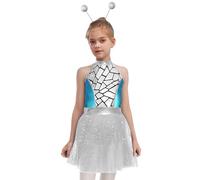 Runhomal Ragazza Bambino Abbigliamento Stile Alieno Halloween Carnevale Costume Gioco Di Ruolo Stampa Geometrica Con Cerchi 6-16 Anni Argento 13-14 anni