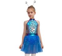 Runhomal Ragazza Bambino Abbigliamento Stile Alieno Halloween Carnevale Costume Gioco Di Ruolo Stampa Geometrica Con Cerchi 6-16 Anni Blu Argento 11-12 anni