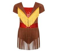 Runhomal Scollo a V Maniche Corte Fringe Surround Abito Abbigliamento Acconciatura Ragazza Paillettes Brillanti Orlo Stringato Cerniera Invisibile Marrone scuro 13-14 anni