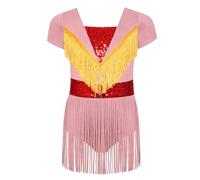 Runhomal Scollo a V Maniche Corte Fringe Surround Abito Abbigliamento Acconciatura Ragazza Paillettes Brillanti Orlo Stringato Cerniera Invisibile Rosa 9-10 anni
