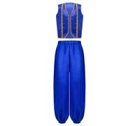 Runhomal Set di danza orientale per bambini, bambini, travestimento, principe arabo, cosplay, costume carnevale Halloween, blu reale 9-10 anni