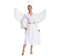 Runhomal Set di tre pezzi con tema angelo da donna, composto da abito lungo a maniche lunghe, ali e cerchietto Bianco M