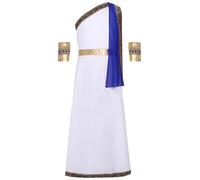 Runhomal Toga Grecia Antica Bambino Ragazza Costumi Di Halloween Costume Romano Classico Abito Ricamato Senza Maniche Una Spalla Con Polsini Rimovibili 6-16 Anni Blu reale 5-6 anni
