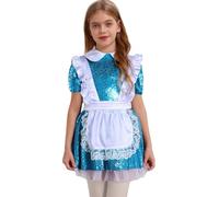 Runhomal Vestito Paillettes Mutandine Integrata Cerniera Invisibile Sul Retro Mezza Grembiule Ruffle In Pizzo Ragazza Principessa Cameriera Halloween Blu 5-6 anni