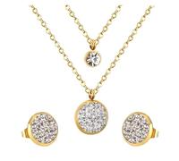 runhuabaihuo Set di gioielli con zirconi cubici, orecchini pendente rotondo doppio in acciaio inossidabile, a catena femminile, bijoux(Light Yellow Gold Color)