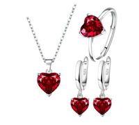 runhuabaihuo Set regalo di gioielli in argento sterling 925 for anello collana pendente con orecchini in zircone a forma di cuore femminile(Red)