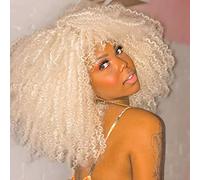 RunM hair Runm Breve Riccio Afro Parrucca Con Frangetta Per Le Donne Nere Ricci Parrucca Capelli Ricci Afro Sintetico Parrucche Complete(Bianco Platino)