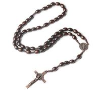 Runmeihe Collana rosario croce cattolica, perline di preghiera in legno naturale con croce medaglia Gesù Cristo San Benedetto, per i cristiani cattolici Comunione religiosa, Battesimo, Messa, Bibbia