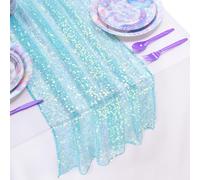 Runner da tavola a forma di sirena, colore verde corallo, con glitter, decorazioni per compleanni, 63 x 300 cm, tessuto iridescente con paillettes, per feste estive e a tema oceano