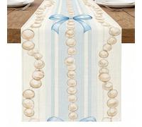 Runner da tavola a righe blu, elegante design con perle e fiocco, per la decorazione della casa, decorazione per la tavola primaverile ed estiva, 33 x 274 cm