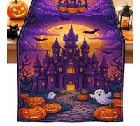 Runner da tavola a tema Halloween con castello stregato, 33 x 228,6 cm | Spooky Haunted Mansion Theme, Runner da Tavolo Console, Sfondo Luna Raccolto, Fantasma Amichevole E Zucche Motivi