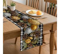 Runner da tavola autunnale floreale, pigne rustiche e accenti dorati a scacchi, decorazione per cucina, sala da pranzo, riunioni di famiglia, feste, 33 x 183 cm