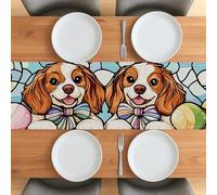 Runner da tavola con cane Cavalier King Charles Spaniel pasquale, 33 x 122 cm, per soggiorno, in vetro colorato, motivo con cucciolo di uovo, piccolo runner da tavola corto, decorazione per casa