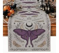 Runner da tavola con falena mistica e luna celeste per Halloween, 33 x 183 | Motivi celestiali di luna, runner credenza, bordi botanici di vite, tema occulto gotico, accenti per la casa delle streghe