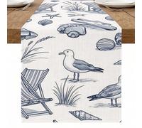 Runner da tavola con gabbiano costiero, decorazione nautica per casa sulla spiaggia con conchiglie e stelle marine, decorazione estiva per tavolo da pranzo per riunioni di famiglia e forniture per
