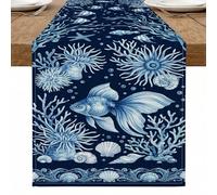 Runner da tavola con oceano nautico, blu marino, corallo, pesce mare, decorazione per casa, sala da pranzo, feste, 33 x 183 cm