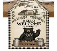 Runner da tavola con orso in stile rustico a scacchi bianchi e neri, decorazione da cucina per la casa e cene in famiglia, 33 x 228 cm