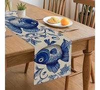 Runner da tavola con pesce blu, design floreale nautico per la decorazione della casa, perfetto per riunioni estive e feste in spiaggia, 33 x 183 cm