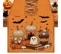 Runner da tavola con zucche a tema Halloween con caffè spettrale e fantasma