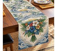 Runner da tavola costiero con ibisco tropicale e onde oceaniche | Bouquet floreale tropicale, corridore del comò, motivi onde dell'oceano, decorazione per la casa costiera
